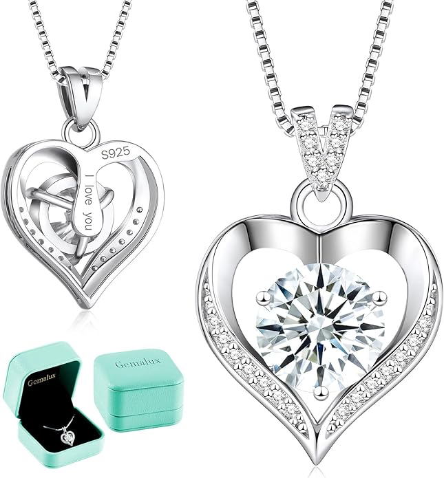 Moissanite Necklace for Women Moissanite Lab Created Diamond Heart Pendant Necklace Sterling Silver 1-3 Carat, Engraved with 'I LOVE YOU', Jewelry Gifts, for Wife, for Girlfriend, for Mom, Birthday Gift, Anniversary Present