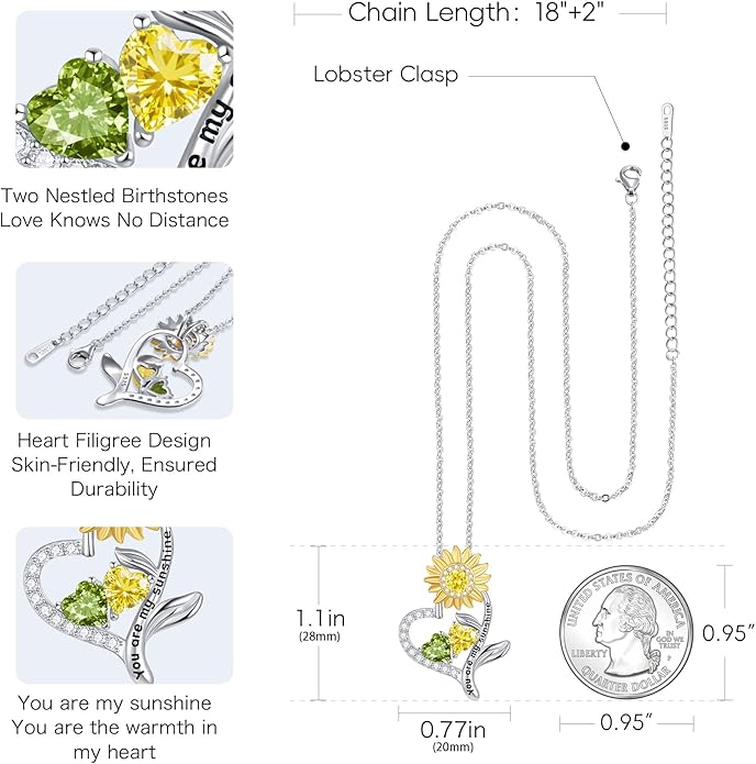 PERJI Valentine's Day Gifts for Women - 925 Sterling Silver Double Birthstone Sunflower Necklace, Anniversary Birthday Jewelry You are My Sunshine Gifts for Wife Couple Girlfriend 18"+2" Non Tarnish
