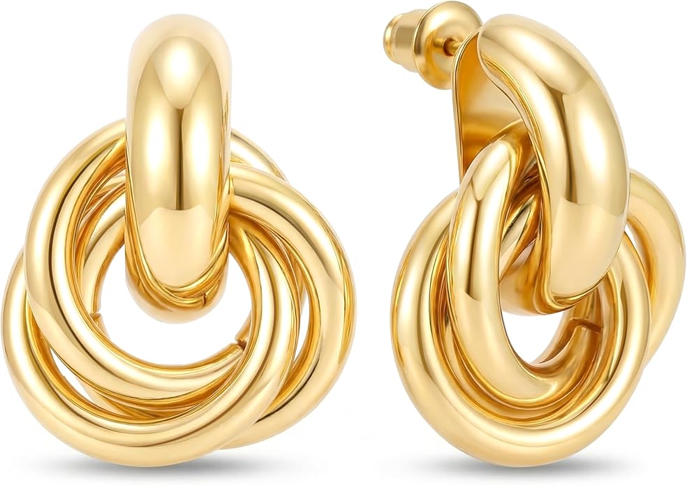 14K Gold Plated Knot Statement Earrings for Women Hypoallergenic Chunky Drop Dangle Earrings - Lightweight Fashion Accessories Gold Jewelry Gifts for Womens Trendy