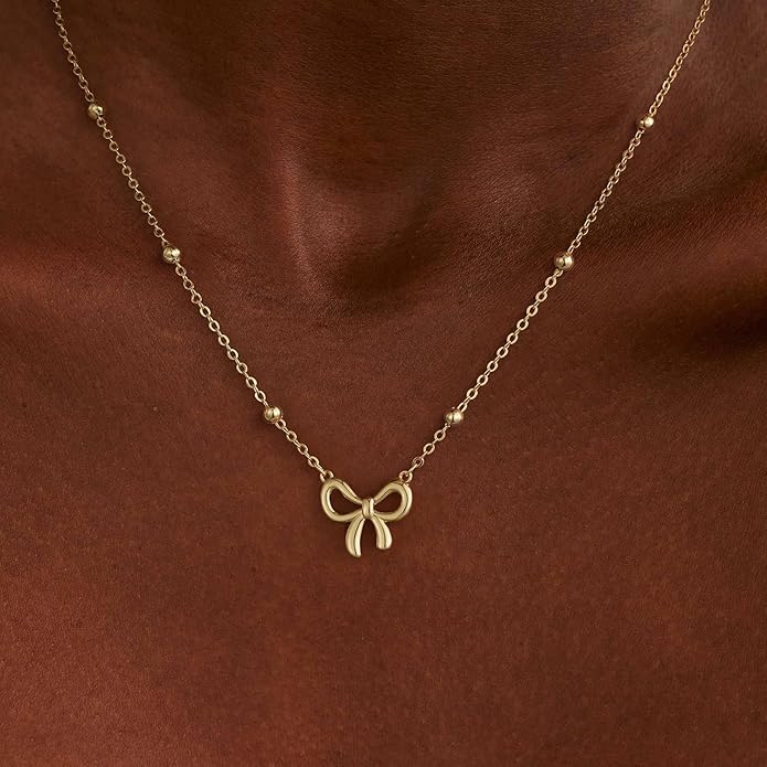 Gold Necklace for Women Dainty Bow Necklace 14K Gold Plated Cute Choker Necklace Small Bow Pendant Charm Necklaces Teen Gift Trendy Stuff Personalized Jewelry Gifts