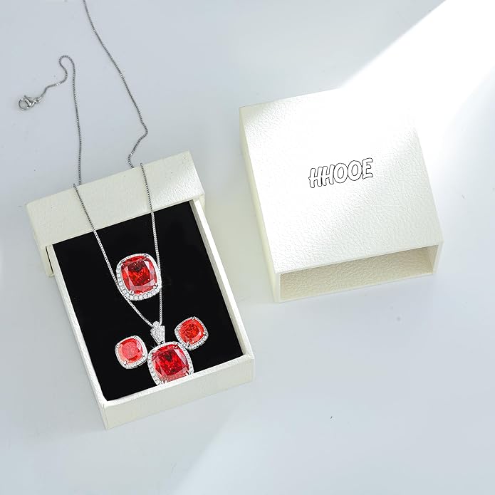 HHOOE Jewelry for Women Sets Gold-Plated Sterling Silver CZ or Faux Gemstone Cushion-cut Necklace & Ring & Stud Earring set for Bridesmaids, Comes With a Gift Box.