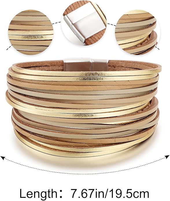 Edoneery Leather Wrap Bracelet for Women, Boho Handmade Multi-Layer Cuff with Crystal Beads Heart, Stackable Bangle Western Jewelry Gift