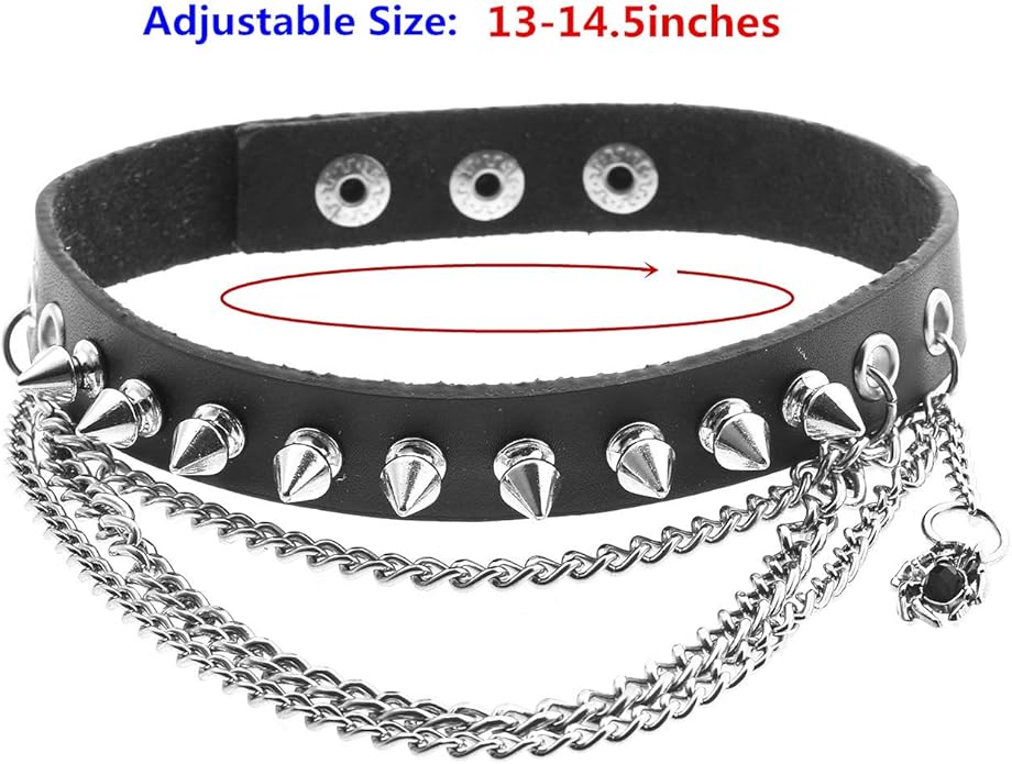 Zysta Unisex Cool Rivet Spike Studed Genuine Leather Choker Gothic Jewelery Necklace Collar Band Chain Goth Punk Rocker Bold Costume Black