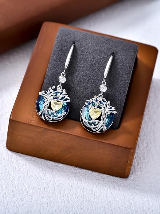 TOUPOP Tree of Life Birthstone Earrings for Women 925 Sterling Silver Family Tree Dangle Earrings Austrian Crystal Jewelry Birthday Christmas Gifts for Her Girlfriend Wife Mom