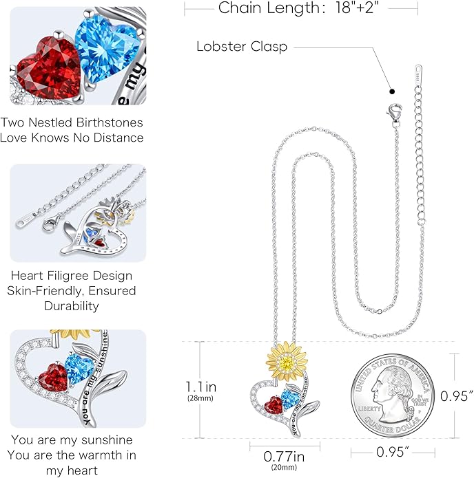 PERJI Valentine's Day Gifts for Women - 925 Sterling Silver Double Birthstone Sunflower Necklace, Anniversary Birthday Jewelry You are My Sunshine Gifts for Wife Couple Girlfriend 18"+2" Non Tarnish