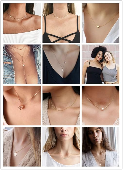 Starain 12Pcs Layered Choker Necklace Fashion Multilayer Chain Necklace Simple Gold Necklace Set for Women
