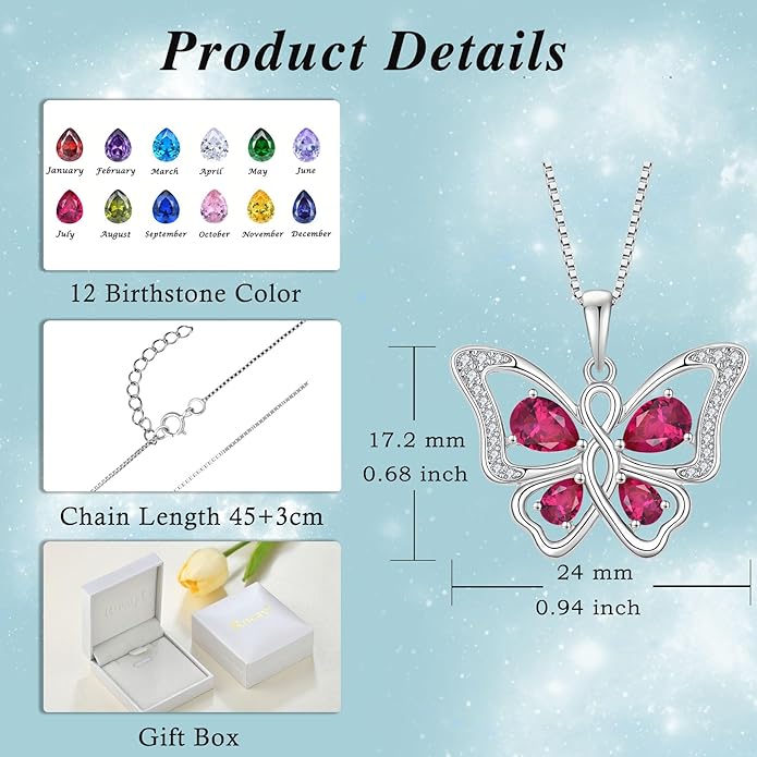 Butterfly Necklace 925 Sterling Silver Cubic Zirconia Birthstone Jewelry Gifts for Women Wife Mother