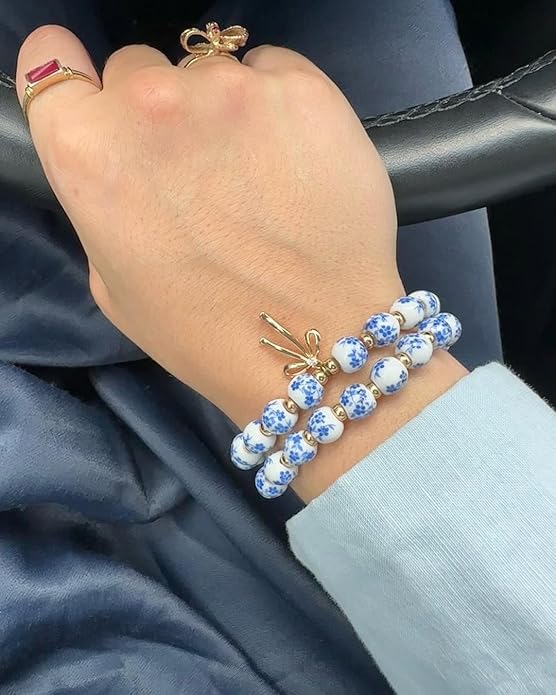 Beads Bow Charm Bracelet for Women Flower Vintage Bracelet Handmade Stretch Beaded Dainty Romantic Jewelry Gifts
