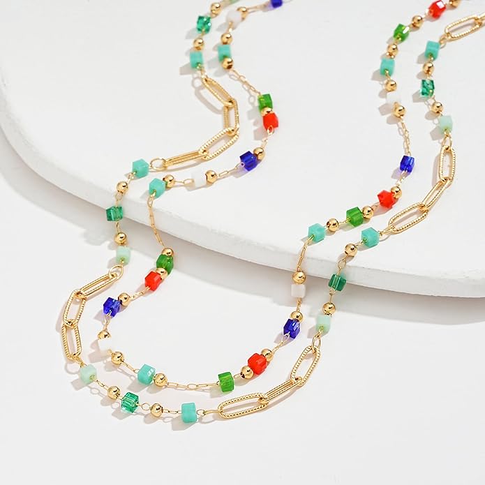 MTMY Beaded Necklaces for Women 14K Gold Plated Dainty Colorful Green/Rose Beaded Pearl Choker Necklace Delicate Boho Choker Necklace Jewelry Gift