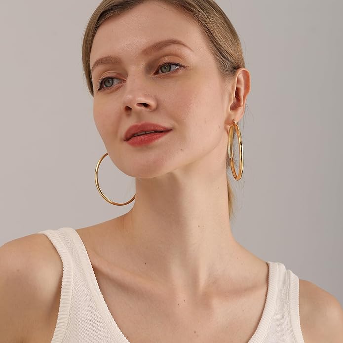 4mm Thick Gold Chunky Earrings Steling Silver Post Hoops Earrings For Women Hollow Tube Hoops Earrings Thick Gold Hoop Earrings Hypoallergenic Lightweight Gold Hoop Large Earrings 20/30/40/50/60MM