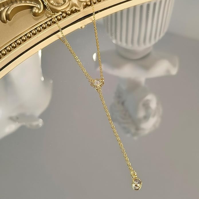 Lariat Silver/Gold Necklace for Women 925 Silver/14K Gold Plated Dainty Long Necklace Y-Shaped Drop Pendant Necklaces Choker Trendy Chain Simple Layered Necklaces CZ Jewelry for Women Set Gift