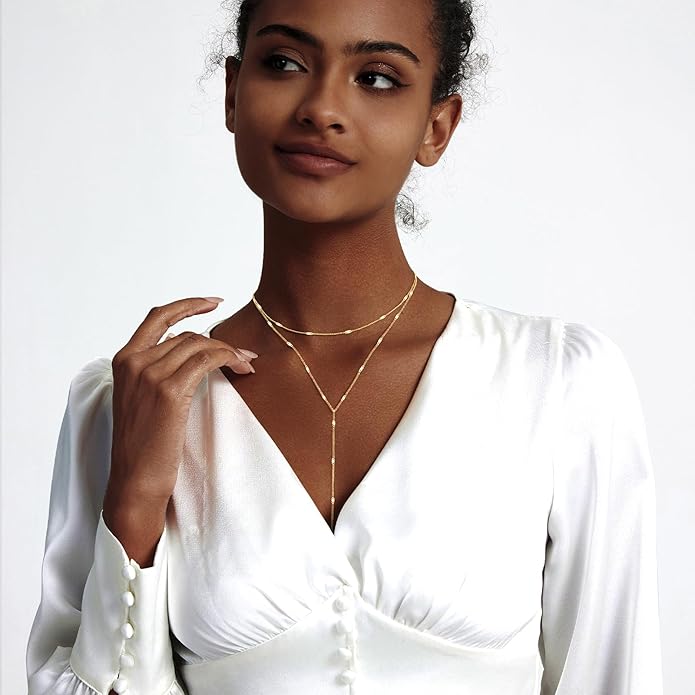 Zeffy Lariat Gold Necklace for Women, Dainty Long Necklace 14k Gold/Silver Plated Layered CZ Beaded Bar Chain Y-Shaped Body Chain Stack Drop Wedding Necklace Trendy Simple Gold Jewelry Gifts