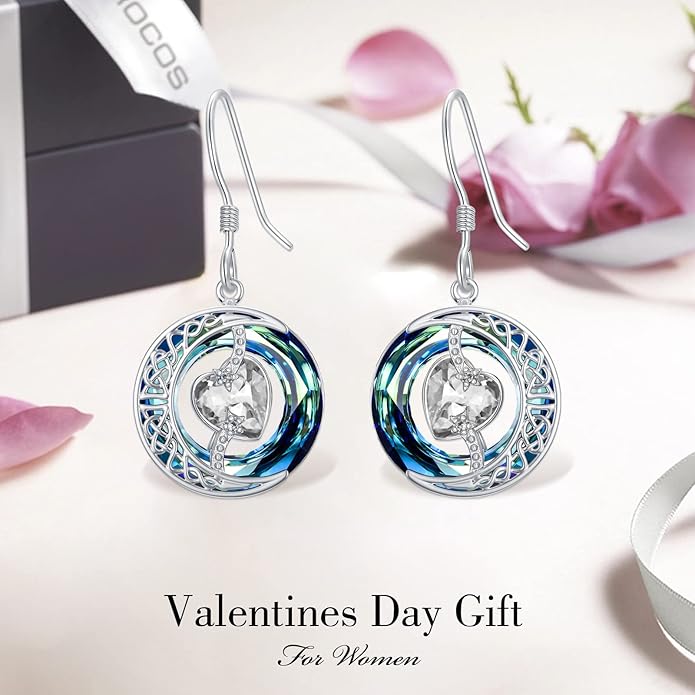 TOUPOP Birthstone Earrings for Women 925 Sterling Silver Moon and Star Dangle Earrings with Blue Crystal BirthdayJewelry Christmas Gifts for Women
