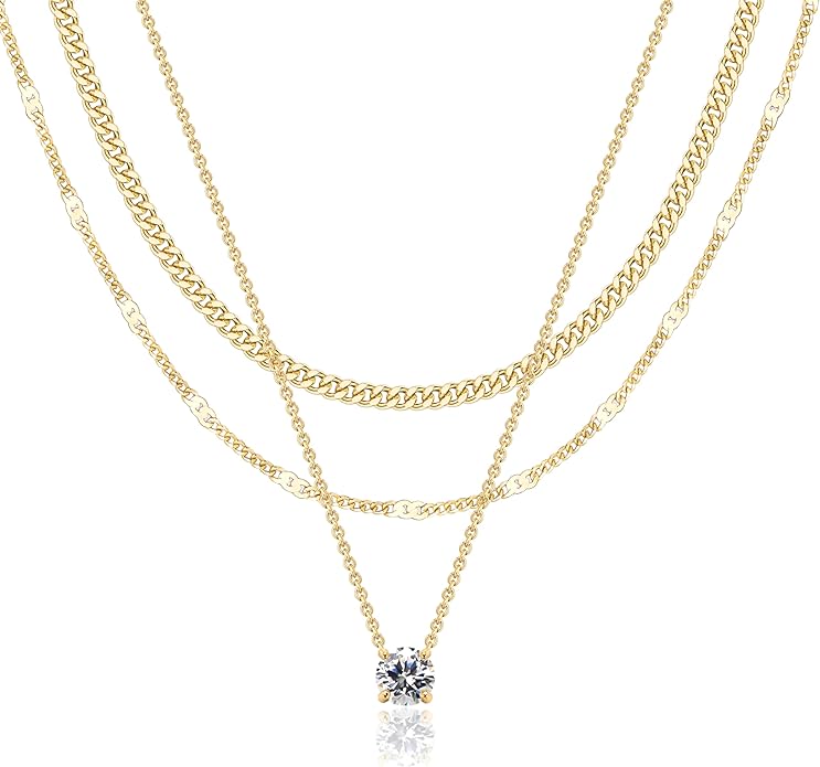 WomenGifts Layered Gold Necklaces for Women, 14K Gold Sterling Silver Plated Dainty Pendant Necklace Set with Cubic Zirconia Circle, Chunky Stackable Cuban Chain Choker, Trendy Personalized Birthstone Jewelry Gift Non Tarnish