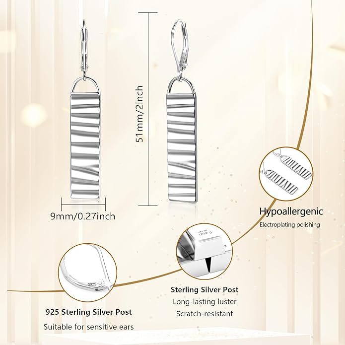 ALEXCRAFT 925 Sterling Silver Dangle Drop Earrings for Women, Hypoallergenic Lightweight Trendy Sterling Silver French Hook Leverback Earrings Long Hammer Bar Drop Earing for Women Statement Jewelry
