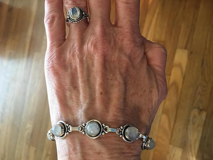 Round Shape Natural & Synthetic Gemstones Silver Plated Bracelets for Women - Vintage Bohemian Style Handmade Birthstone Adjustable Link Bracelet Jewelry Gifts for Wedding Anniversary Mother's Day