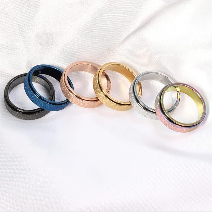 AmorArtSky Anxiety Ring for Women Men, Titanium Stainless Steel Spinner Ring, 5 Colors, 6MM, Size 6-10, 3 Styles Anxiety Ring-Moon Star, Sandblasted Finished, Hollow Outer