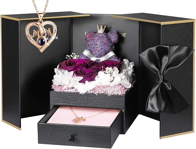 ADDWel Gifts for Mom from Daughter and Son, Unique Mother Birthday Idea, Preserved Real Roses with I Love You in 100 Languages Mom Necklace, Cool Xmas Present to Mother Mama