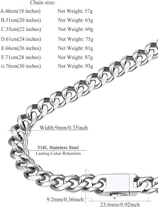 FindChic Cuban Link Chain for Men, 6/9/12mm Necklace Chain, Black/Gold Plated/Stainless Steel Necklace, Hypoallergenic & Tarnish-Proof Men's Jewelry Hip Hop Accessories, 18-30" Length Options