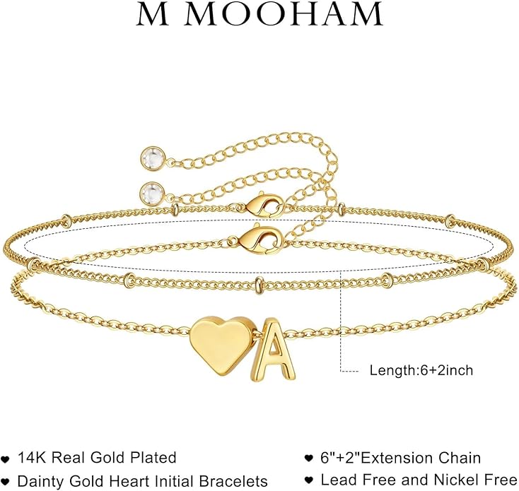 M MOOHAM Christmas Gifts for Grandkids Teens Girls -14K-Gold-Plated Heart Initial Bracelets for Women Girl Dainty Gold Bracelets Birthday Gift Stocking Stuffers for Women Teenage Girls Kids Gifts