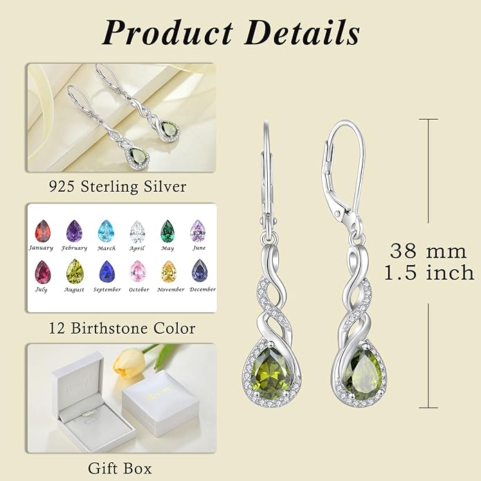 Infinity Dangle Drop Earrings for Women 925 Sterling Silver Teardrop Leverback Earrings Birthstone Jewelry Gifts for Women Wife Girlfriend Mother Daughter Her