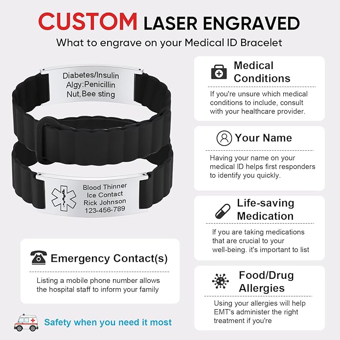 Comfortable Medical ID Bracelet for Men & Women - Custom Engraved Silicone Strap Comfort Fit Medical Alert Bracelets for Sports,Adjustable Waterproof Customizable Wristband for Diabetic