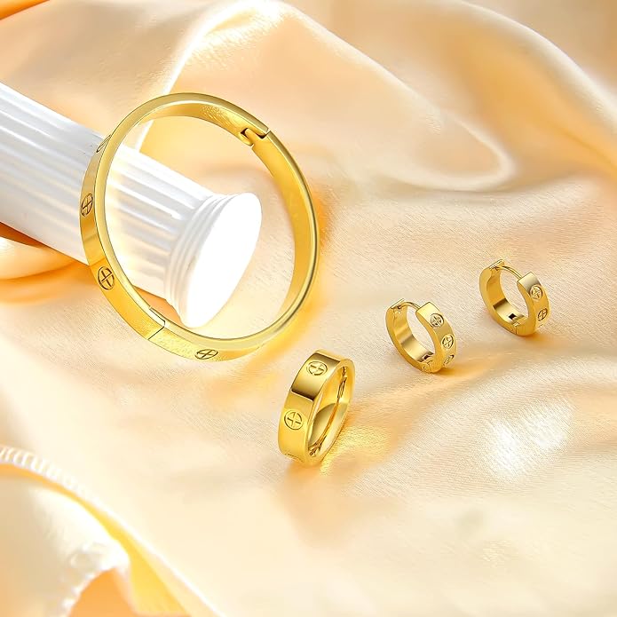 3 Pcs Hoop Earrings Bracelets Ring Sets for Women-18K Gold Plated Love Bracelet Cubic Zirconia Cuff Bangle Hoop Earrings Friendship Love Ring Jewelry Set,Wedding Party Christmas Valentine's Day Birthday Gifts for Her Girlfriend Sister Daughter