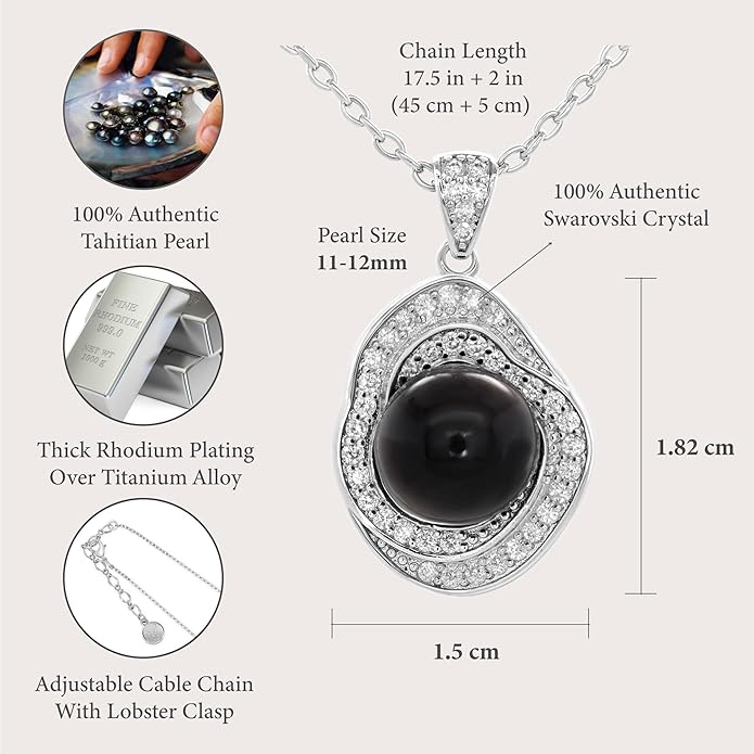 TRYNDI Real Tahitian Black Pearl Necklace Gifts for Women - Larger 11-12mm Luxury Pearl Womens Jewelry, Romantic Valentines Gift for Wife from Husband- Wedding Anniversary, Birthday, Mothers Day, Valentine Necklace for Girlfriend, Fiance & Soulmate