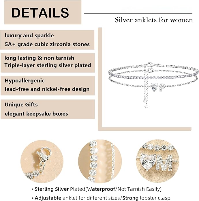 Heart Initial Silver Anklets for Women Waterproof Dainty Silver Plated ankle bracelets for women Large Ankle Women's Anklets Tennis ankle bracelets Non Tarnish Summer Beach Foot Jewelry