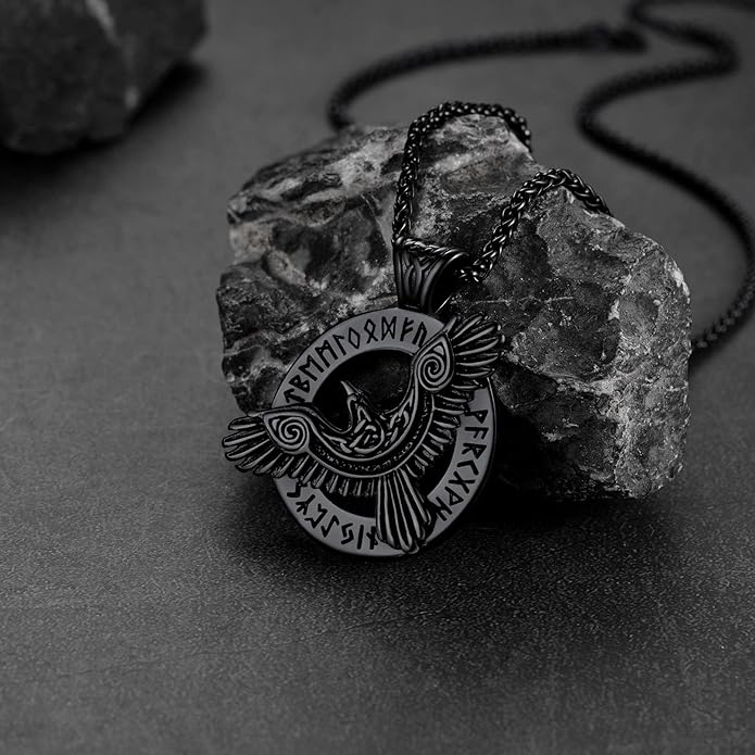 FaithHeart Viking Raven Necklace for Men, Norse Mythology Raven Skull Pendant Sturdy Stainless Steel Amulet Jewelry Gift for Men