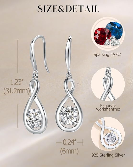 FANCIME Dangle Drop Earrings 925 Sterling Silver Dainty Infinity Round Gemstone Birthstone Jewelry Birthday Gifts for Her Women