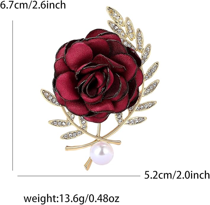 Dreuyet Rose Flower Brooch for Women Dainty Elegant Satin Fabric Flower Lapel Pins Vintage Pearl Camellia Crystal Pin Dress Suit Accessories Valentine's Day Wedding Bouquet Jewelry 