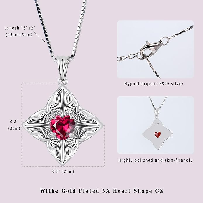 Delicate Four-Leaf Clover Charm Necklace with January Birthstone - S925 Silver, Gift Idea
