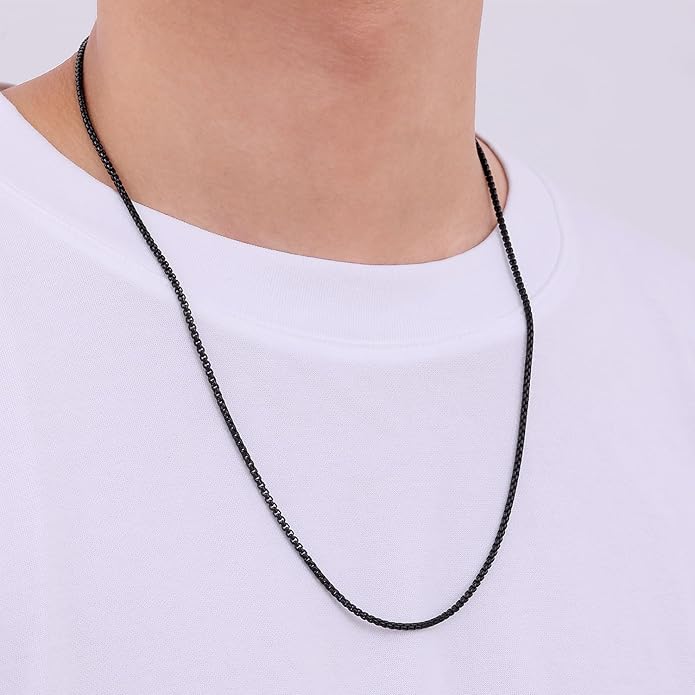 Fiusem Box Chain for Men, Silver Tone/14K Gold Plated/Black Stainless Steel Necklace for Men and Women, Width 2/2.5/3/4/5mm, Length 18-28 Inches