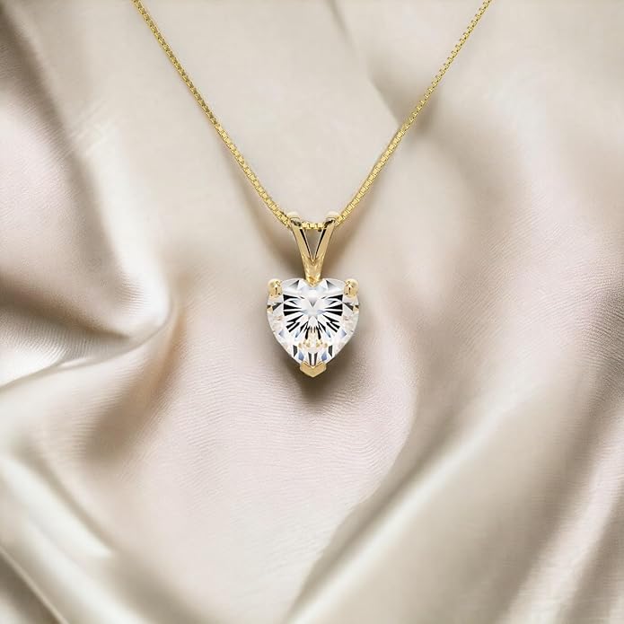 Everyday Elegance Solid 14K Gold Cubic Zirconia Solitaire Pendant Necklace for Women Heart, Princess, Round, Oval, Emerald, Pear & Cushion Cut 1 or 2 CTW | .60mm Thick 16" 18" Length Box Link Chain