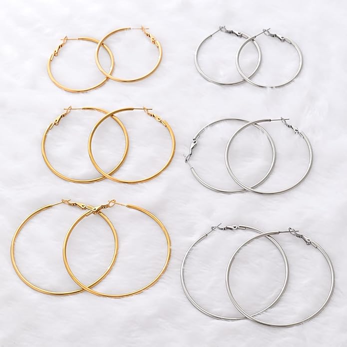 6 Pairs Gold Silver Hoop Earrings for Women, 14K Gold Plated Stainless steel Hoop Earring for Women, Lightweight Hypoallergenic Dainty Hoop Earrings Set