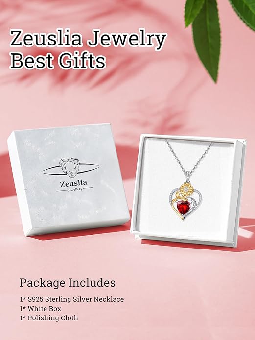 Zeuslia Double Birthstone Necklace Gifts for Wife - 925 Sterling Silver Sunflower/Rose/Crown Cross/Compass/Heart Pendant I Love You Necklace, Anniversary Birthday Gifts for Wife Girlfriend Mom Her