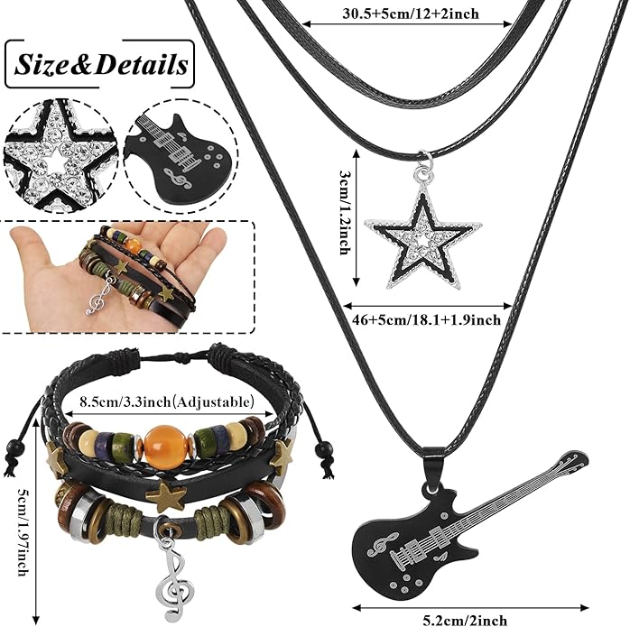 Multilayer Y2k Star Necklace Fairy Grunge Bracelets Set Handmade Fairycore Grunge Jewelry Gothic Swirl Star Necklace Punk Rock Roll Music Guitar Grunge Accessories for Women Men