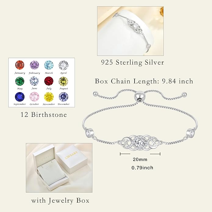 Infinity Celtic Knot Bracelet 925 Sterling Silver Birthstone Bracelet Irish Jewelry for Women