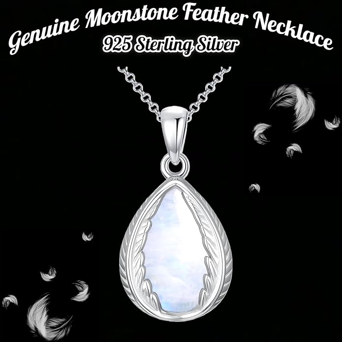 Genuine Moonstone Feather Pendant Necklace 925 Sterling Silver vintage Natural Gemstone June Birthstone Religious Teardrop Jewelry for Women Feather Lover