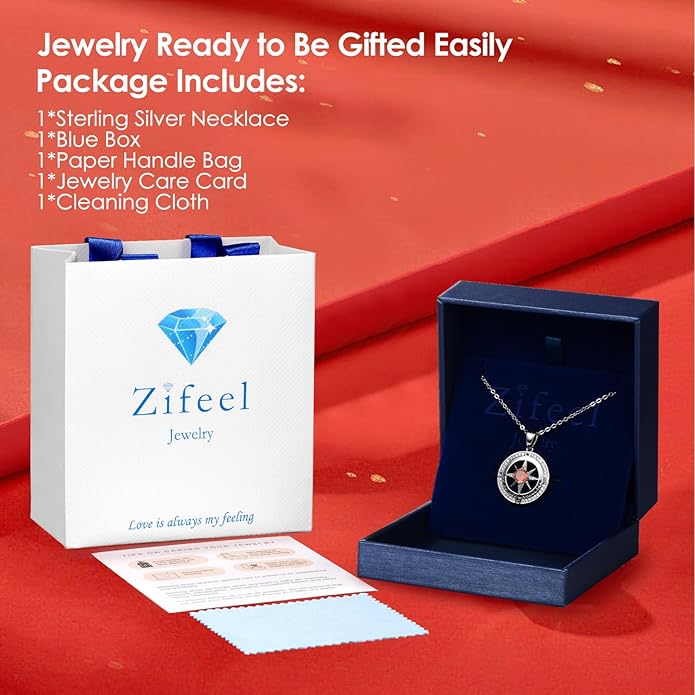 Zifeel Compass Necklace Gifts for Women wife - S925 Sterling Silver Birthstone Necklaces for Women - Anniversary Birthday Gifts for Her Wife Girlfriend - Valentines Mom Mothers Day Christmas Gifts Jewelry for Women