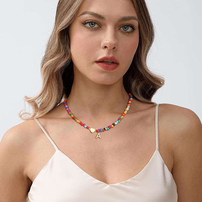 Colorful Initial Necklaces for Girls Women Kids - Teen Girls Gifts Trendy Stuff Beaded Initial Necklace Dainty Letter Choker Necklace for Girl Gifts Jewelry