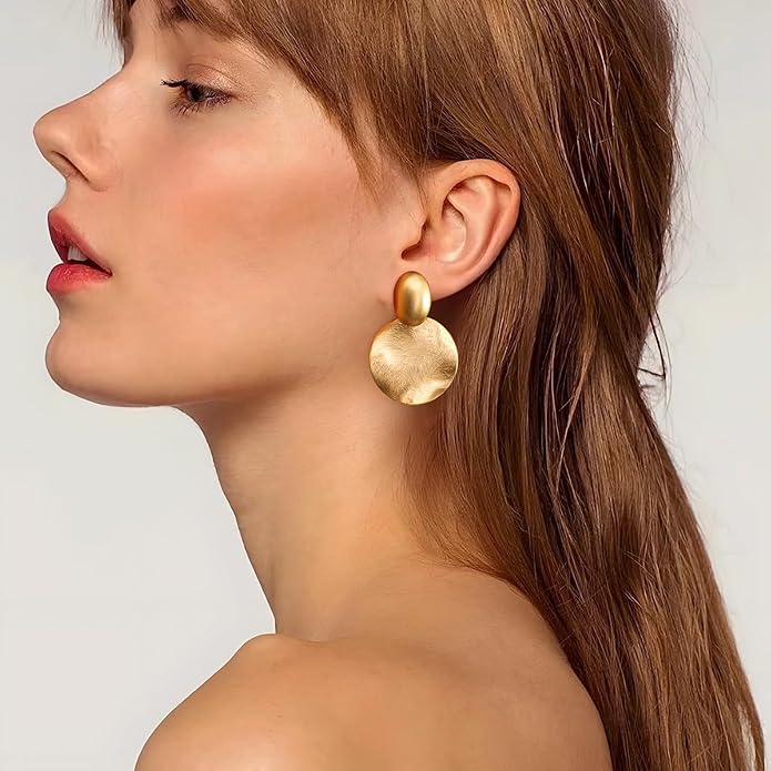 FAMARINE Big Disc Drop Earrings Gold Dangle Earrings Round Hammered Earrings Women