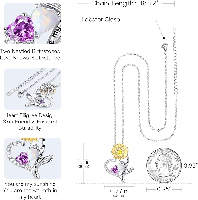 PERJI Valentine's Day Gifts for Women - 925 Sterling Silver Double Birthstone Sunflower Necklace, Anniversary Birthday Jewelry You are My Sunshine Gifts for Wife Couple Girlfriend 18"+2" Non Tarnish