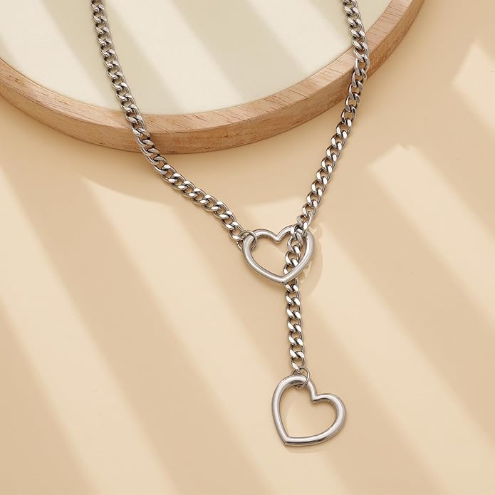 Heart Slip Chain Necklaces for Women,Stainless Steel O-Ring Adjustable Lariat Y-Necklace,Punk Gothic Cuban Collar Choker Necklace for women