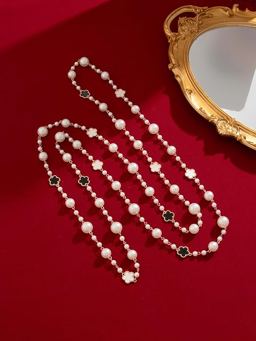 Long Pearl Necklaces for Women Pearl Long Chain Necklace Dainty Gold And Long Pearl Necklaces Layered Pearl Necklace Statement Sweater Strand Chain Jewelry