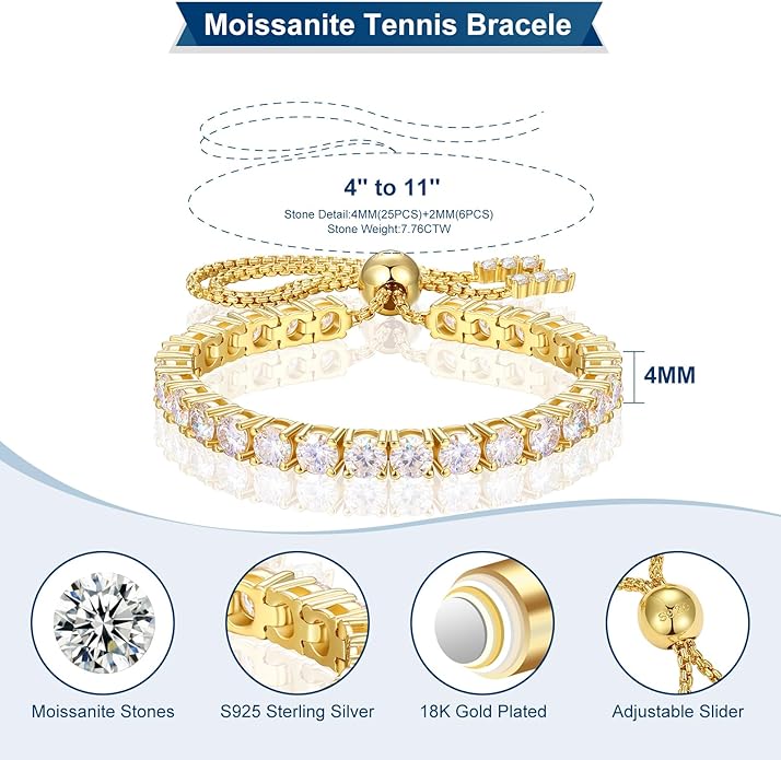 Moissanite Tennis Bracelet 1.52ct-7.76ct Adjustable Bracelet for Women 18K White Gold Plated S925 Sterling Silver Tennis Bracelet D Color VVS1 Round Cut 2/3/4mm Moissanite Bracelet Gifts for Wife/Mom