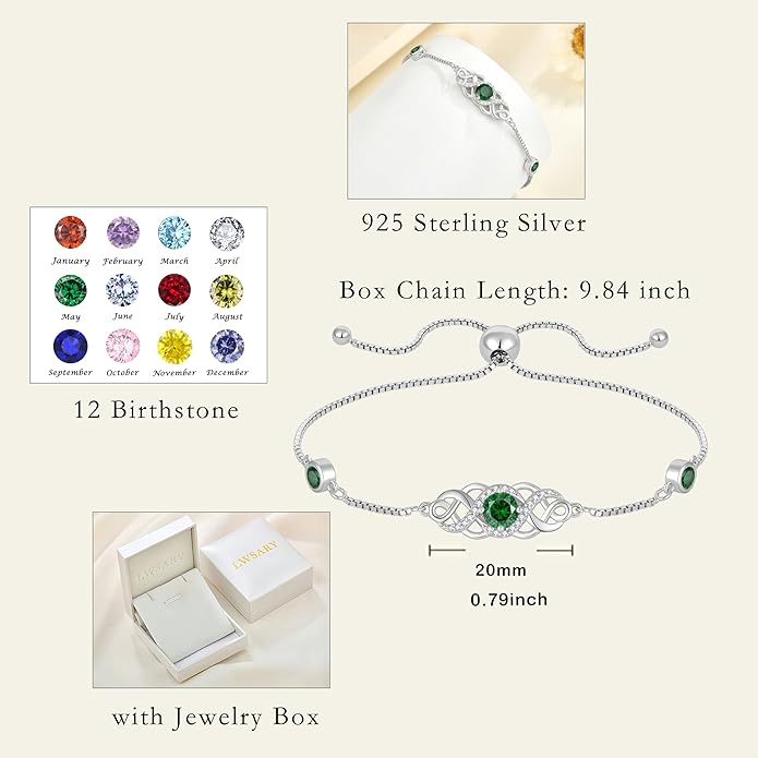 Infinity Celtic Knot Bracelet 925 Sterling Silver Birthstone Bracelet Irish Jewelry for Women