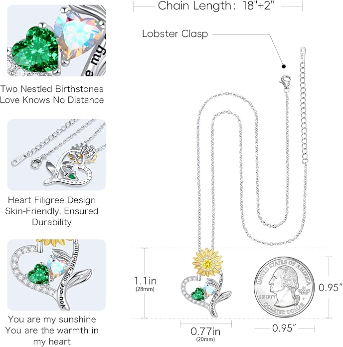 PERJI Valentine's Day Gifts for Women - 925 Sterling Silver Double Birthstone Sunflower Necklace, Anniversary Birthday Jewelry You are My Sunshine Gifts for Wife Couple Girlfriend 18"+2" Non Tarnish