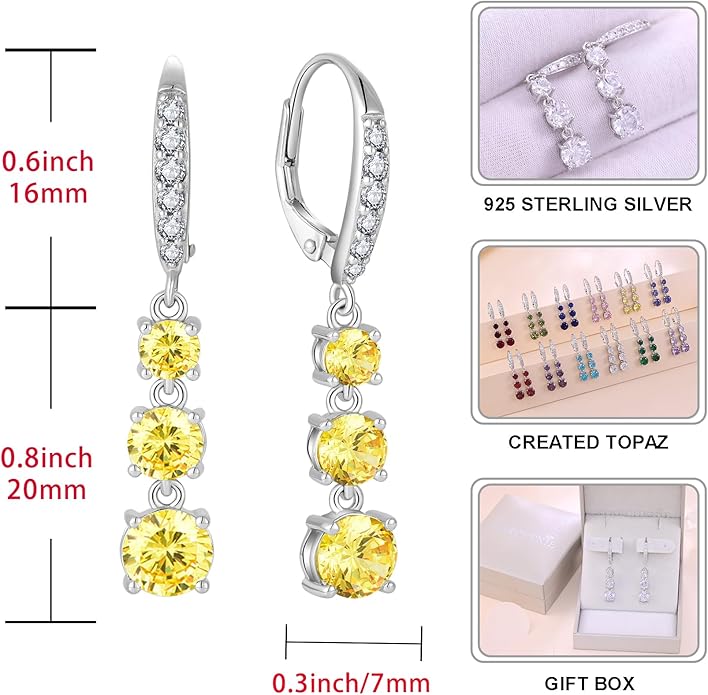 Starchenie Dangle Drop Earrings for Women 925 Sterling Silver Leverback Earrings Birthstone Jewelry